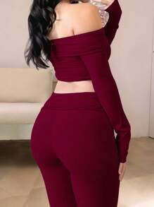 INAWLY Solva 2 件套女士纯色露肩长袖短款上衣和喇叭裤套装