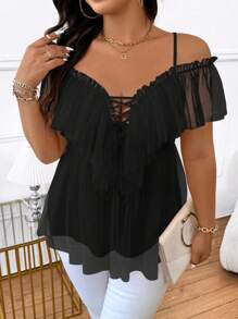 Elenzga Plus Size Solid Color Ruffle Ruffled Hem Casual Shirt, Summer