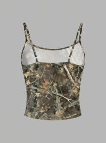 SHEIN EZwear 女士休闲复古枫叶和树枝印花性感吊带背心，适合秋季 - 白色 - 查看 2