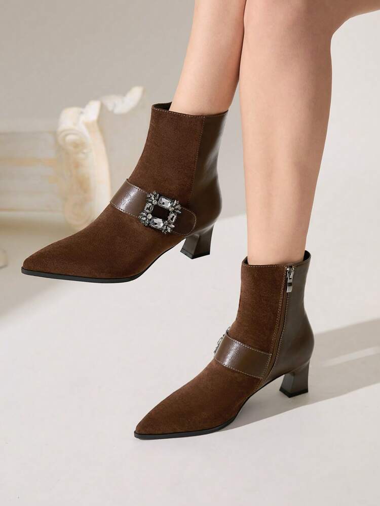 CUCCOO CHICEST Brown Rhinestone-Buckle Pointed Toe Chunky Heel Women Ankle Boots, Fashion Valentine's Day