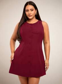 SHEIN BAE Plus Size Women's Elegant Burgundy Summer Mini Vest Dress,Buttoned Short Date Night Outfit,Y2K Streetwear,Office Fairy Workwear,Back To School Outfit - Burgundy - View 5