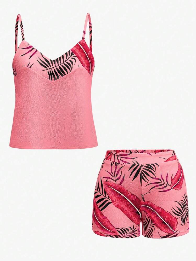 EMERY ROSE Set de 2 piezas de top de tirantes y shorts con estampado de plantas para vacaciones de mujer - Rosa - Añade 3