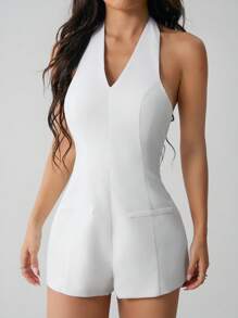 SHEIN PETITE Tuta con pantaloni a zampa e scollo profondo a V, stile corto per donne, di colore bianco