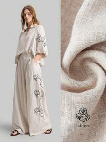 Ontre 2026春夏女士两件套，商务休闲百搭基础款杏色修身印花灯笼袖衬衫搭配口袋阔腿裤，休闲都市简约时尚通勤优雅套装，适合教师节、海岛度假、独立日、圣诞节、海滩、毕业典礼、办公室等场合，刺绣设计纯色杏色卡其色两件套，泡泡袖上衣搭配阔腿裤，时尚百搭女士两件套 - 卡其色 - 查看 1