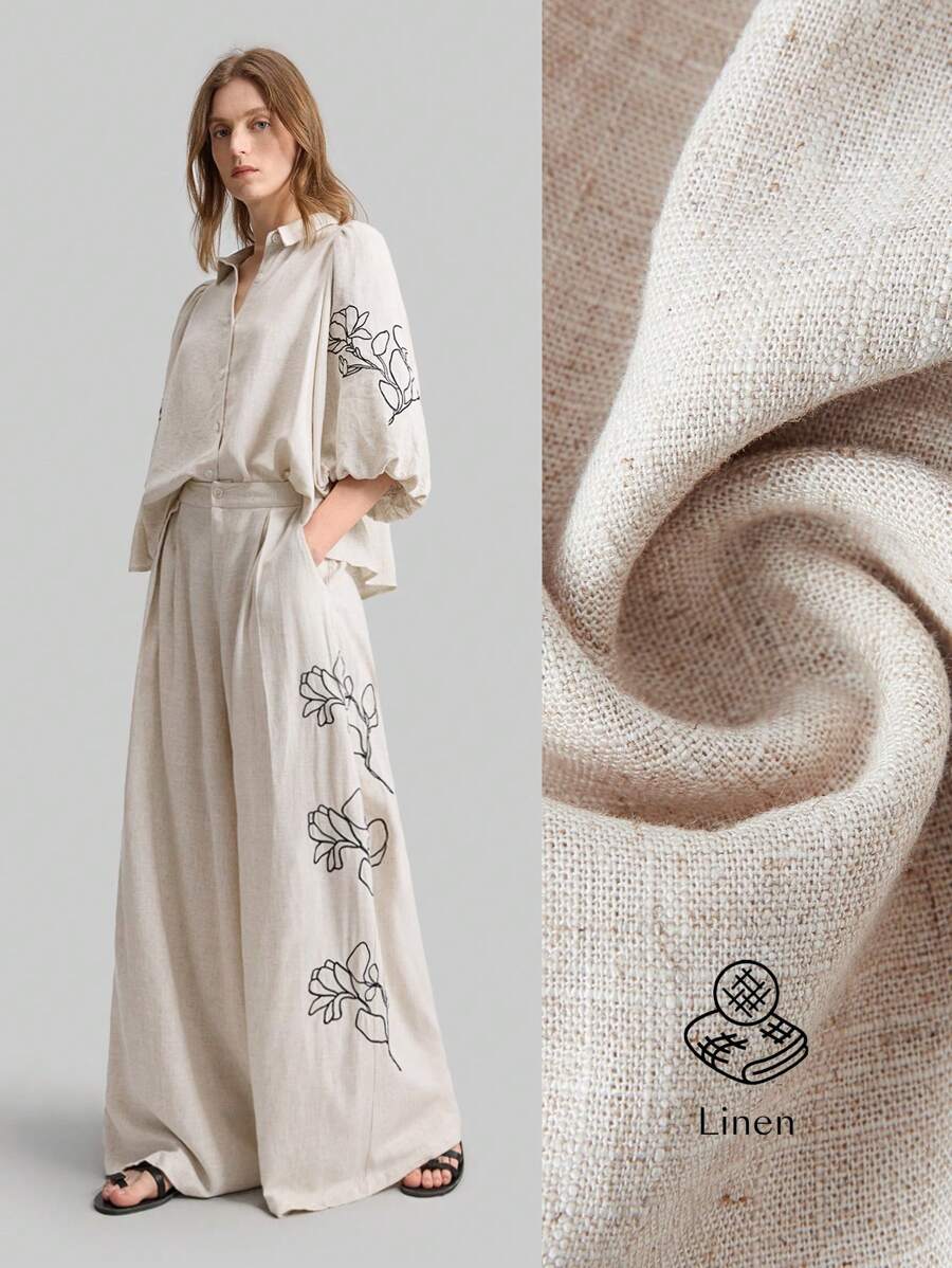 Ontre 2026春夏女士两件套，商务休闲百搭基础款杏色修身印花灯笼袖衬衫搭配口袋阔腿裤，休闲都市简约时尚通勤优雅套装，适合教师节、海岛度假、独立日、圣诞节、海滩、毕业典礼、办公室等场合，刺绣设计纯色杏色卡其色两件套，泡泡袖上衣搭配阔腿裤，时尚百搭女士两件套 - 卡其色 - 查看 1