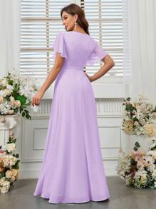SHEIN Belle V-Neck High Slit Chiffon Bridesmaid Dress (Adult) - Violet Purple - View 2