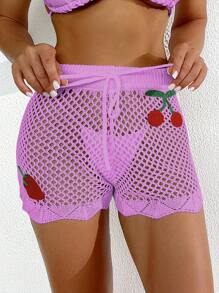 SHEIN Swim 女士节日樱桃装饰镂空罩衫（带短裤） - 淡紫色 - 查看 4