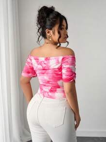 Elenzga Plus Size Off Shoulder Ruched Tie-Dye Short Sleeve T-Shirt - Pink - View 2