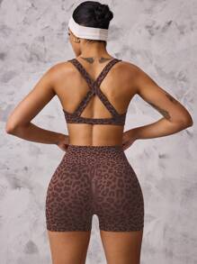 Slayform Conjunto de 2 peças de sutiã esportivo e shorts com estampa de leopardo e frente torcida para treino feminino - Castanho Café - Ver 2