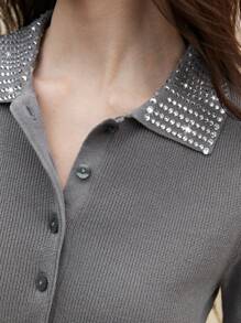 BizChic Women's Elegant Grey Diamond Rhinestones Turndown Collar Half Open Button Short Sleeve Knitted Sweater,Autumn Office Work Commuting Vacation,Gray - Grey - View 4
