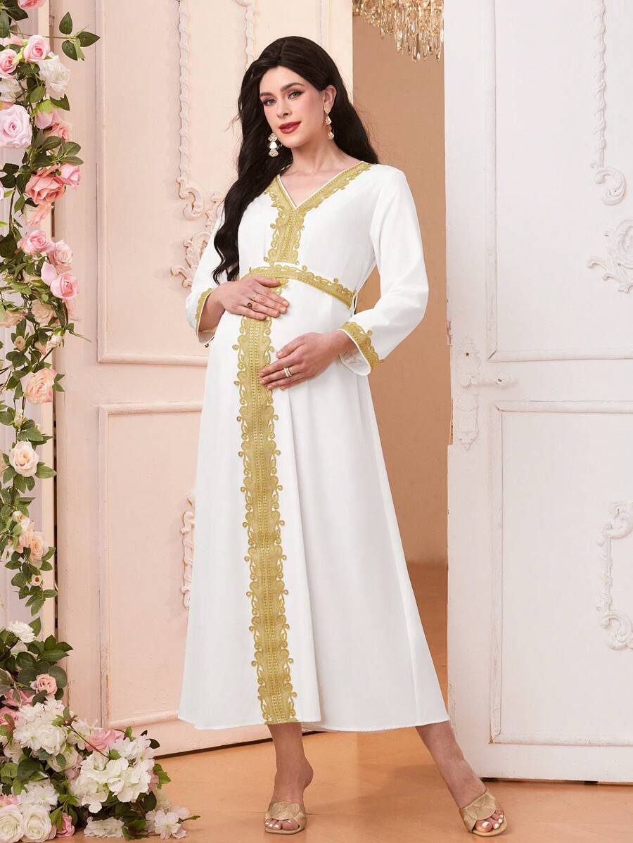 SHEIN 孕妇优雅撞色蕾丝边连衣裙 - 白色 - 查看 1