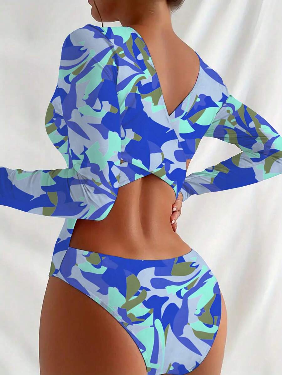 Swim SPRTY 1pc Women's Long Sleeve Camouflage Print One-Piece Swimsuit, Fashionable For Summer