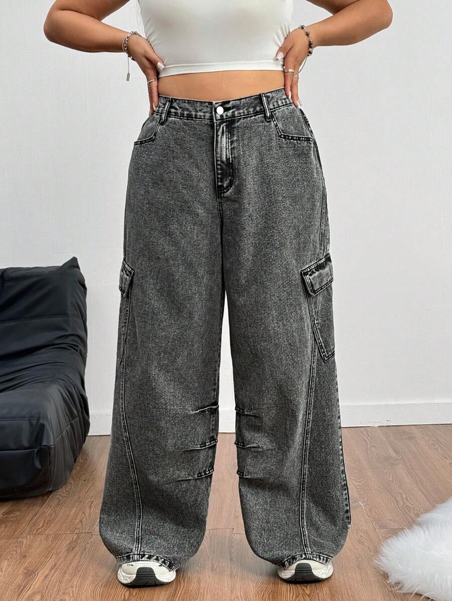 SHEIN EZwear Plus Size Women's , Street Style Wide Leg Denim Jeans, Summer