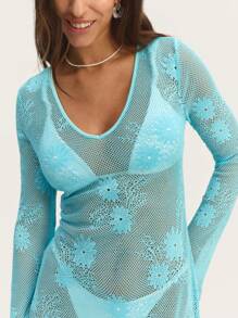 SHEIN Unity Elegant Blue Crochet Women Maxi Dress Designed With Delicate Patterns And Full-Length Coverage, Ideal For Beach Vacations, Summer Evening Parties, Or A Boho-Inspired Look.