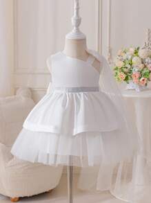SHEIN Glamorique Kids Baby Girl Flower Girl Removable Big Bow Shoulder Wedding Dress, Elegant Mesh Dress Suitable For Wedding, Festivals, Parties, Summer Baby Dress Girl Wedding Princess Dress For Girls Baby Girls Dresses Baby Elegant Dress Baby Girl Dress Wedding