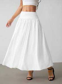 SHEIN PETITE Váy dài nữ màu trơn co giãn cạp cao, mùa đông, váy dài, váy mùa thu, váy đi chơi, váy mùa thu cho nữ, váy dạ hội, váy trắng, váy tốt nghiệp cho nữ, váy đi làm thường ngày - trắng - Xem 5