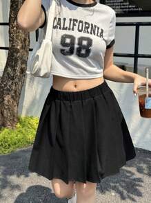 SHEIN 2pcs/Set Teen Girl Casual Minimalist Comfy Round Neck Short Sleeve Cropped T-Shirt And Pleated Mini Skirt - Grey - View 6