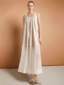 Ontre 2025 Women Solid Color Pleated Round Neck Sleeveless Casual Dress