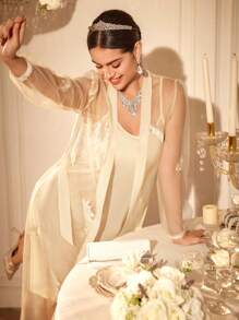 SHEIN Hochzeitssaison Set mit schwerer bestickter Feder-Mesh Robe und Camisole Pyjama - Champagnerfarben - Übersicht 3