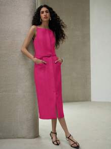 MOTF PREMIUM 口袋开衩连衣裙 - 玫紅色 - 查看 7