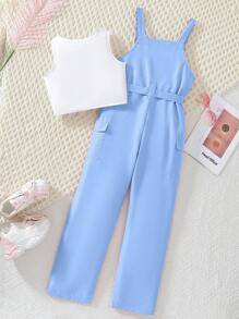 SHEIN Tween Girl Fashionable Overall Shorts And Camisole Set - Blue - View 8