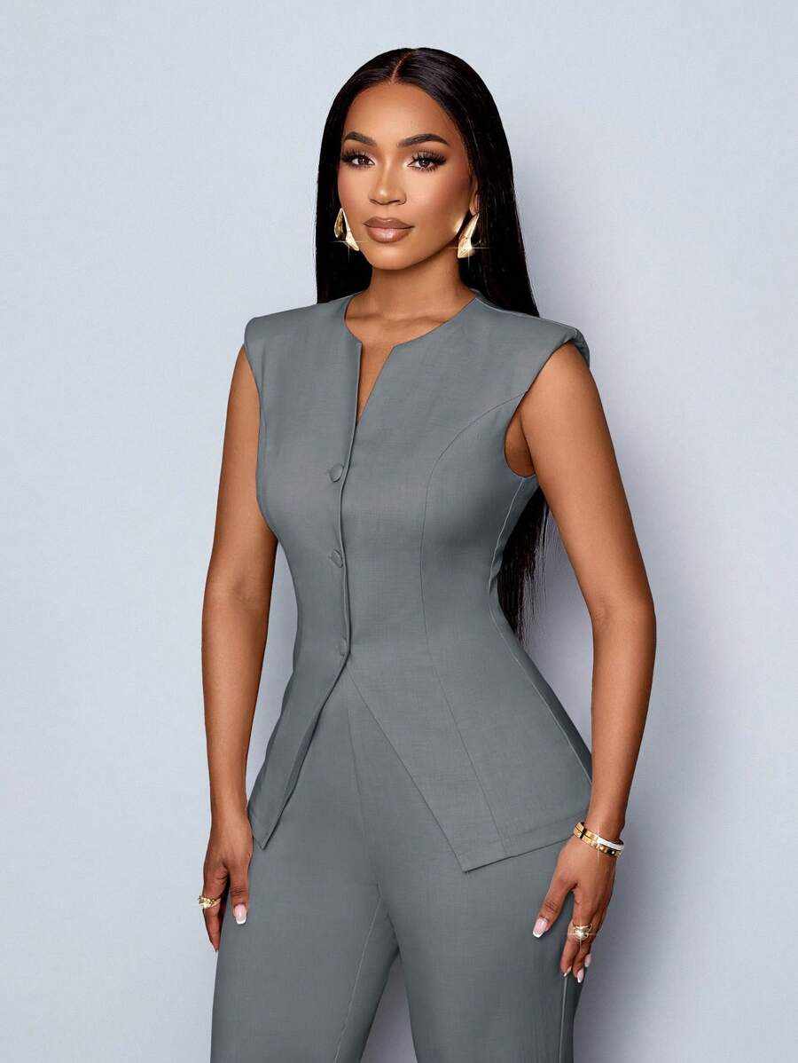 SOLERSUN Women's Spring And Summer Solid Color Elegant Commuter Office Wear Business Round Neck Single-Breasted Sleeveless Top And Wide Leg Pants Set - Grey - View 1