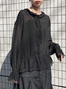 FRIFUL Women's Casual Solid Color Textured Ruffled Hem Blouse - Black - View 6