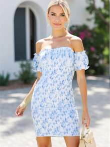 Vestido mini con hombros descubiertos y volantes con estampado floral diminuto para mujer, (Conjunto a juego para mamá e hija se vende por separado) - Multicolor - Ver 3