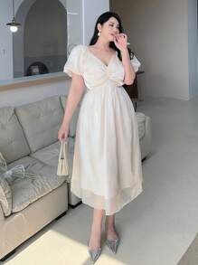 Dazy Plus Solid Color Puff Sleeve Bright Fabric Waisted Long Dress, Spring/Summer - Apricot - View 7