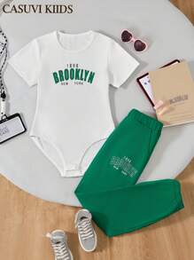 SHEIN Explorewe Tween Girls' Letter Print Bodysuit With Long Pants Two-Piece Set - Green - View 1