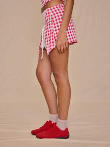 MUSERA Double Layer Gingham Tie Wrap Around Broderie Anglaise Mini Skirt Only Summer Vacation Cute Elegant Sweet Escape Party - Red - View 3