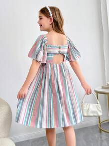 青少年女孩休闲节日编织彩色条纹荷叶边方领纽扣后背镂空设计连衣裙 - 彩色 - 查看 9