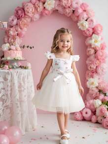 SHEIN Glamorique Kids Vestido de fiesta de manga de tul con estampado floral de rosa para niña bebé