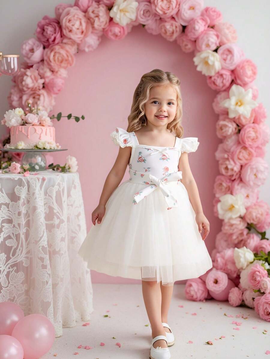 SHEIN Glamorique Kids Vestido de fiesta de manga de tul con estampado floral de rosa para niña bebé