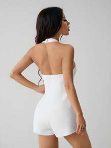 SHEIN PETITE Tuta con pantaloni a zampa e scollo profondo a V, stile corto per donne, di colore bianco