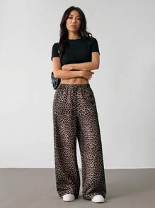 SHEIN PETITE Pantaloni larghi casual e dritti con stampa leopardata