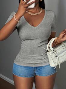Slaydiva Women's Casual Sleeveless V-Neck Ribbed Tank Top, Basic White - Grey - View 6
