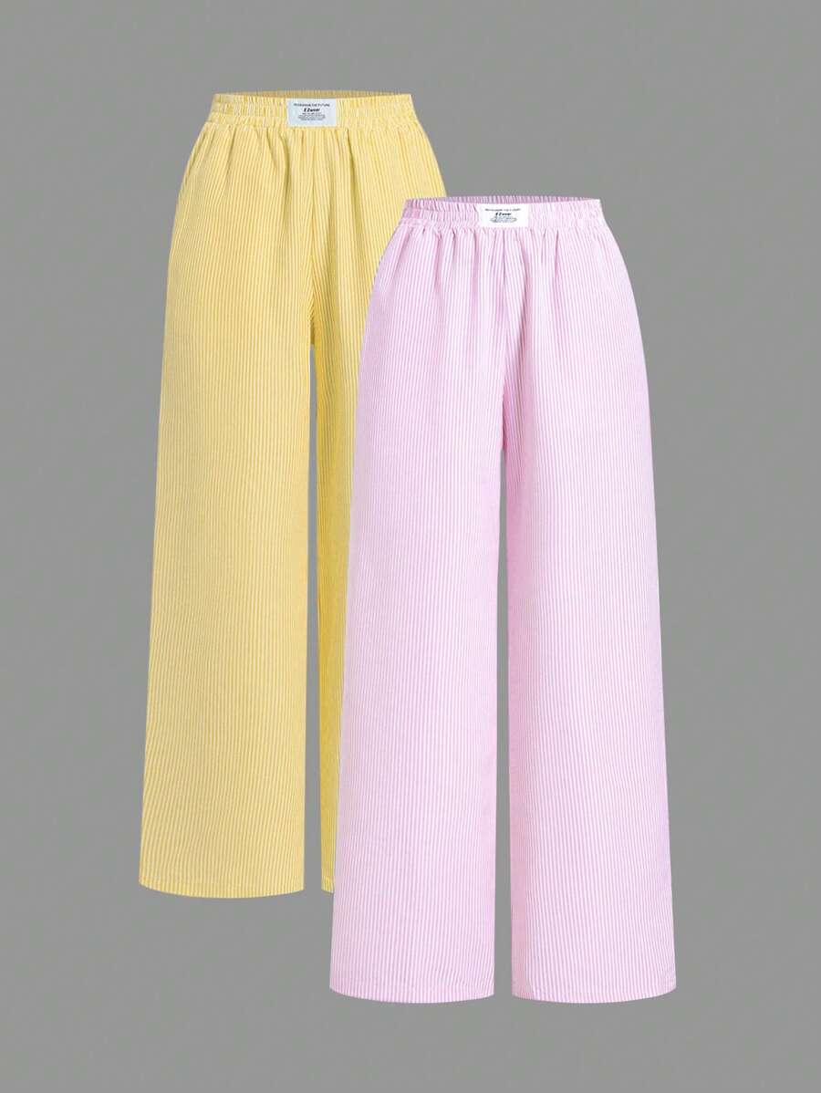 SHEIN EZwear 2条/套 夏季粉彩色条纹宽松休闲裤 - 彩色 - 查看 1