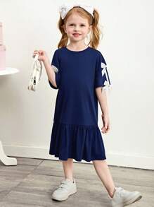 SHEIN Leap Crew Young Girl Color Block Bow Decor Loose A-Line Round Neck Short Sleeve Casual Dress,Cute & Elegant & Sweet & Vintage & Fashionable. - Navy Blue - View 6