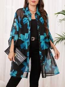 SHEIN Clasi Blusa holgada con estampado floral, manga con volantes y talla grande para vacaciones de mujer