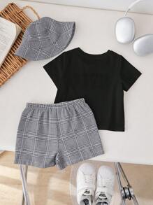 SHEIN 2 Stücke Baby Jungen/Mädchen Freizeitkleidung College Stil einfaches T-Shirt mit Rundausschnitt und kurze karierte Shorts Set, geeignet für Frühling/Sommer Tragen, zu Hause, Ausgehen, Party - Verschiedenfarbig - Übersicht 2