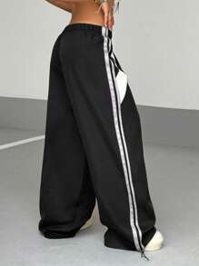 StreetHx 女士弹性腰部拼接街头休闲宽松运动裤 - 黑色 - 查看 2