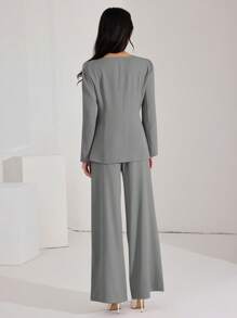 Heiryn Women's Solid Color Button Front Long Sleeve Blouse And Trouser Suit Set, Minimalist 2 Pieces Set In Fall/Winter - Grey - View 4