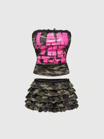 ROMWE Avant Y2K Crop Top & Camo Print Ruffle Hem Shorts Co-Ord Set, Magenta