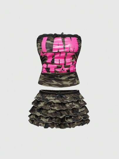 ROMWE Avant Y2K Crop Top & Camouflage Muster Rüschen Saum Shorts Zweiteiler Set, Magenta
