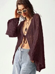 Plus Size Women Solid Color Long Sleeve Front Tie Hollow Out Loose Cardigan - Burgundy - View 3