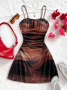 Soleia 女式扎染渐变网眼吊带裙，收腰设计，迷你长度，适合节日、约会、下午茶、度假、音乐节、波西米亚风格 - 彩色 - 查看 3