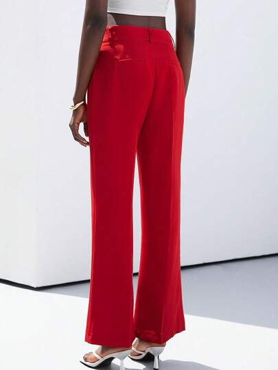 Aveloria Modichic Classic Red High Waist Pleated Slimming Straight Leg Flare Pants, Minimalist Design Suitable For Workplace, Commute And Casual Wear