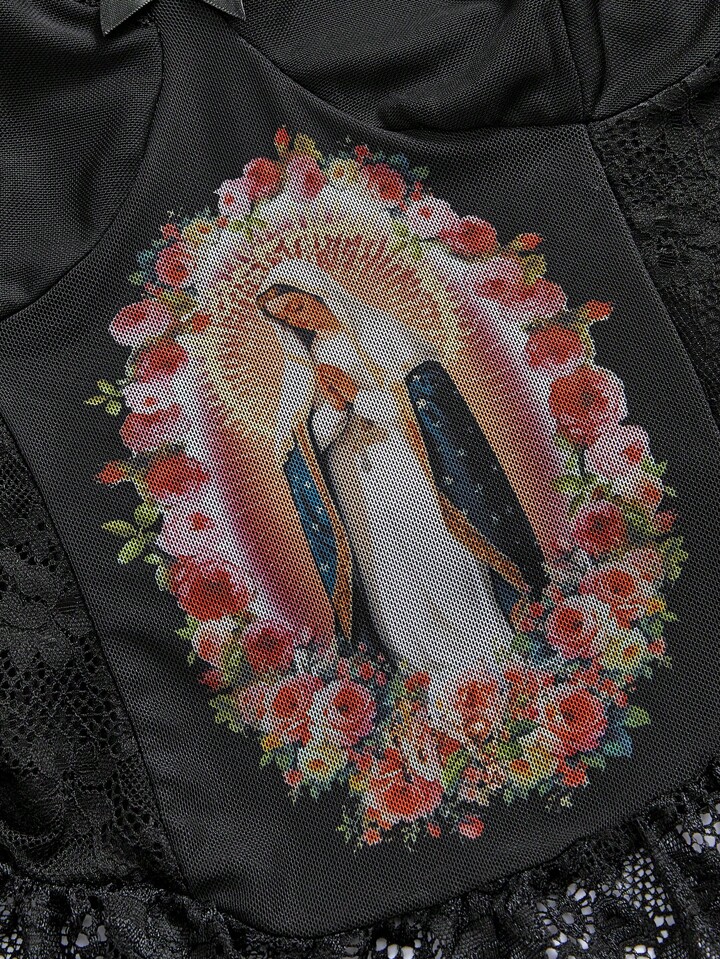 Our Fairycore Retro Virgin Mary Graphic Print Mesh Lace Patchwork