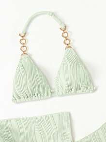 3pcs/Set Teenagers Girls Mint Green Fresh Color Swimsuit With Gold Accessories, Fashionable Vacation Casual Swimwear Set, Mommy And Me Matching Outfits (3 Sets Sold Separately) - Mint Green - View 3